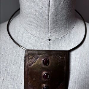 Vintage Brass Choker Necklace with Red Accents